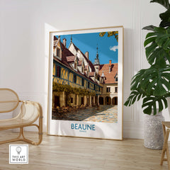 Beaune France Print – Hospices de Beaune Wall Art displayed in a stylish interior with a cozy chair.