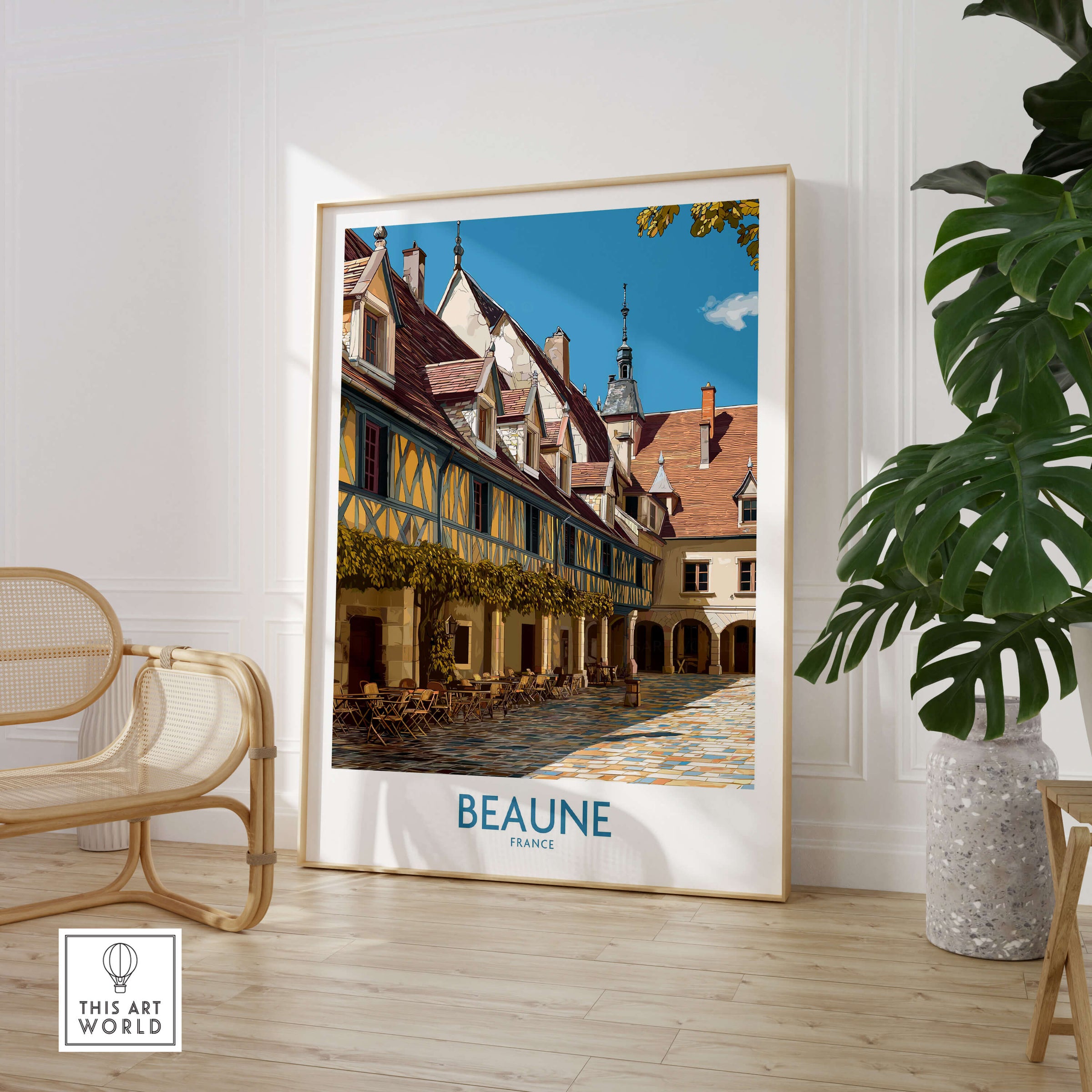 Beaune France Print – Hospices de Beaune Wall Art displayed in a stylish interior with a cozy chair.
