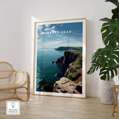 Berry Head Travel Poster – Devon Coastal Cliffs and Ocean View Print framed on wall, showcasing stunning coastal landscape.