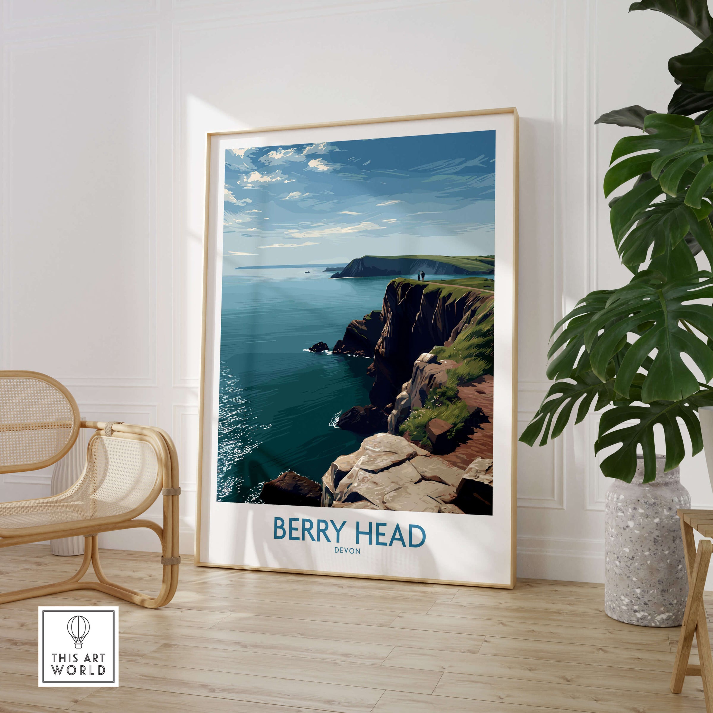 Berry Head Devon Wall Art – English Coast Print featuring stunning coastal cliffs and landscape in a stylish interior setting.