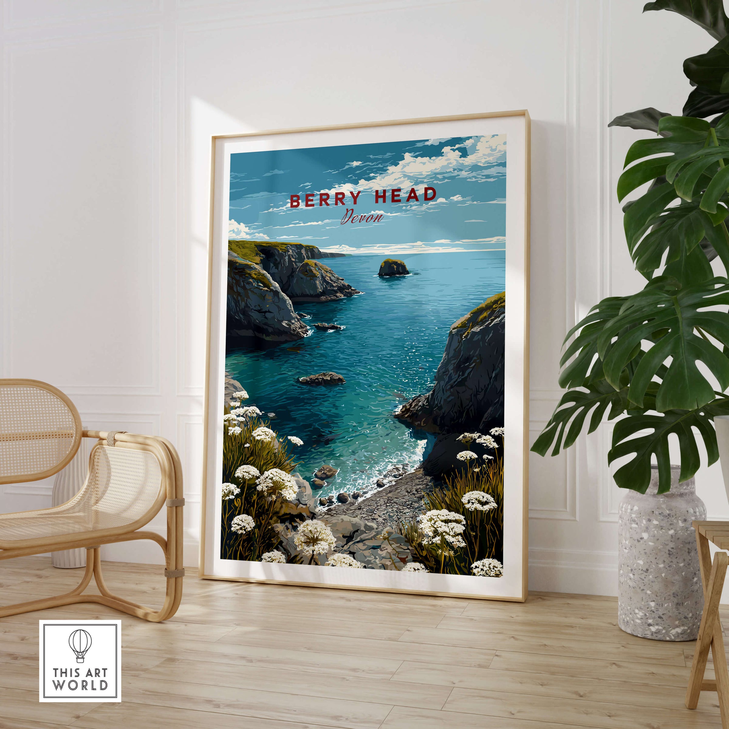 Berry Head Travel Poster – South Devon Coastline and Wildflower Art displayed in a stylish room with coastal scenery.