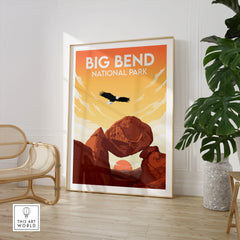 Framed Big Bend National Park art print in modern room with chair and green plant