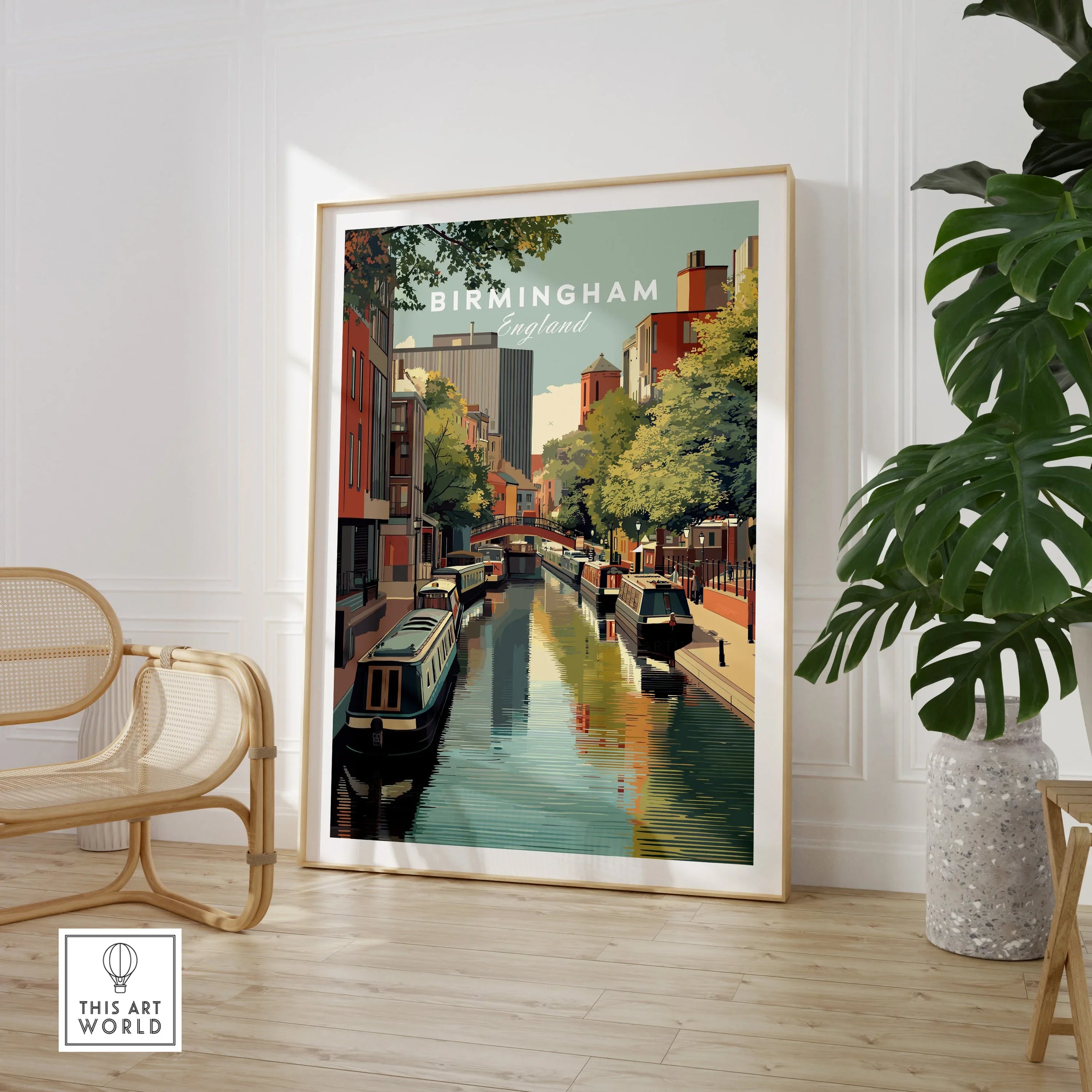 Birmingham England travel poster in modern room with chair and large plant
