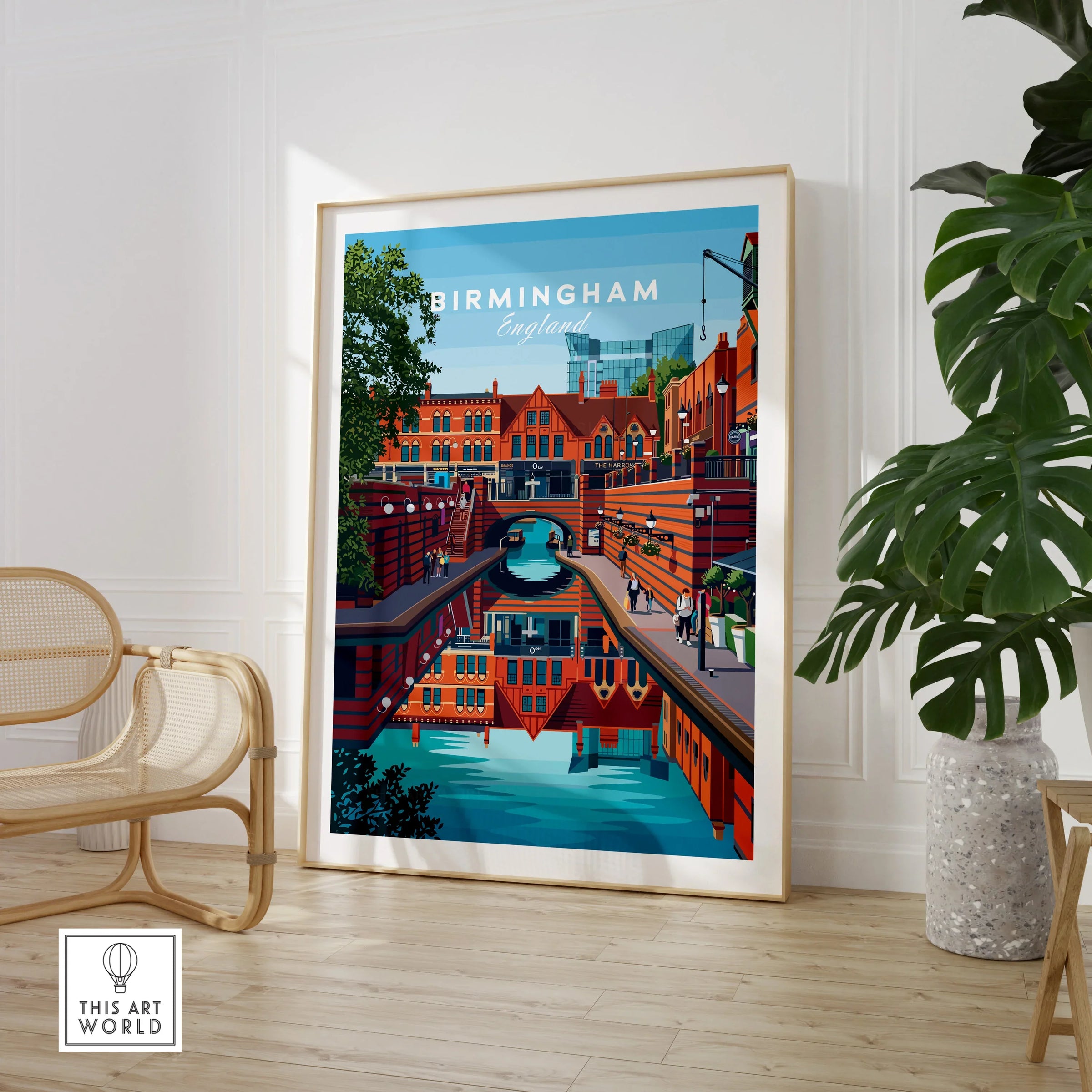 Birmingham England travel poster wall art in modern living room with chair and plant