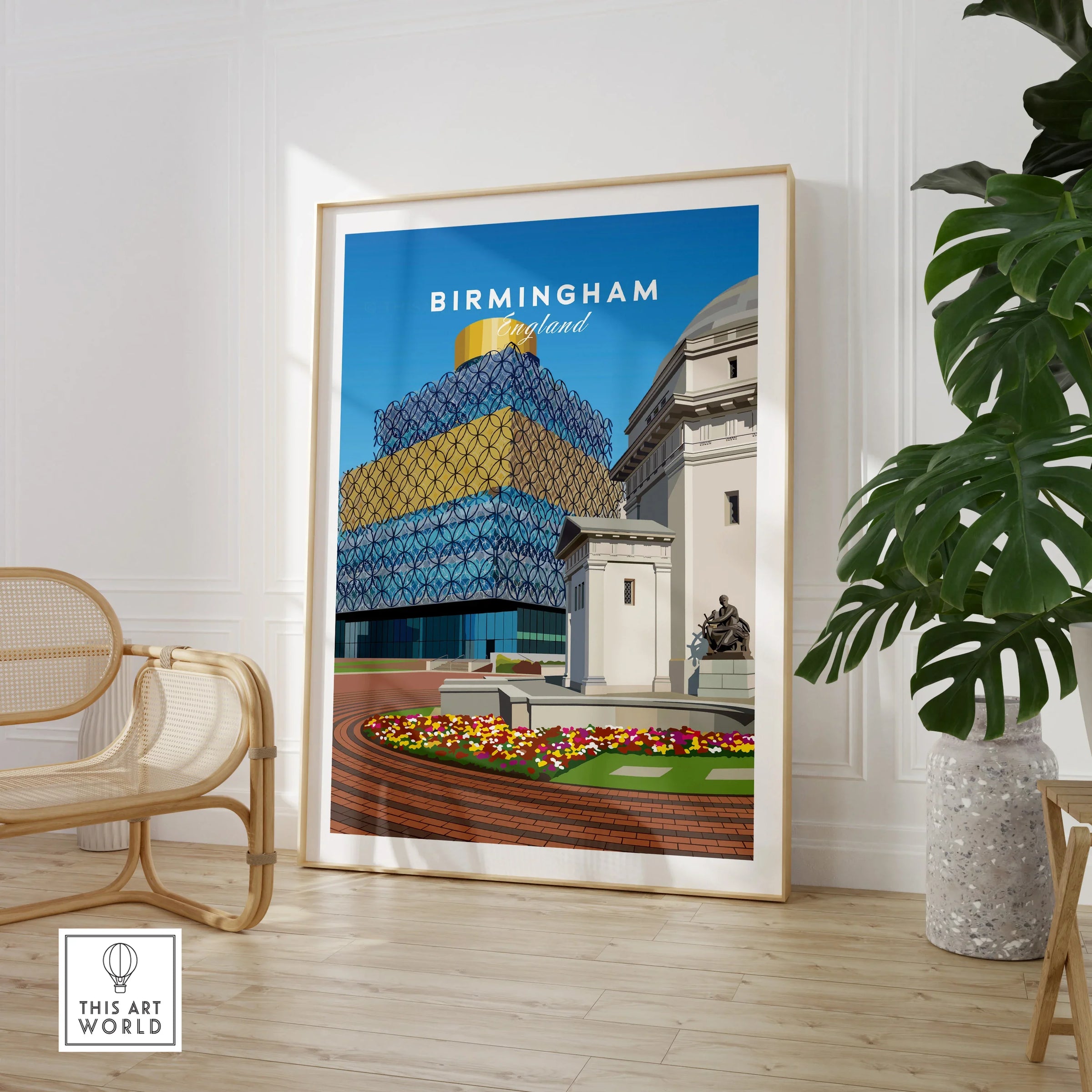 Birmingham England travel poster framed, displayed in modern room with chair and plant