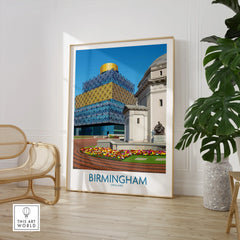 Framed Birmingham city skyline art print in modern living room with chair and plant
