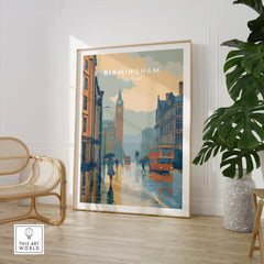 Framed Birmingham England travel poster in modern room with chair and large plant