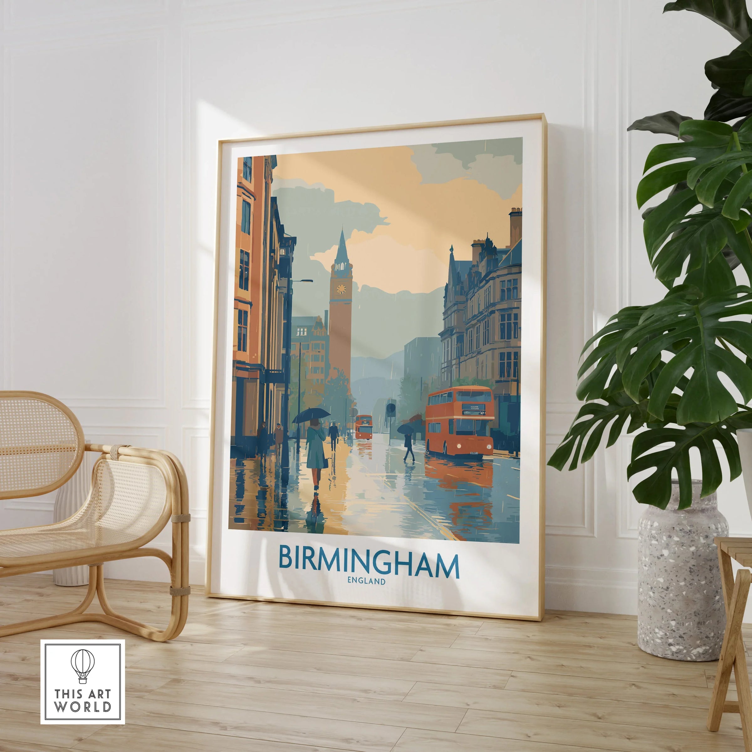 Birmingham travel poster framed print with rainy cityscape, chair, and indoor plant in modern room