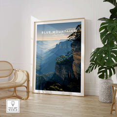 Framed Blue Mountains Australia travel poster in modern room with rattan chair and green plant
