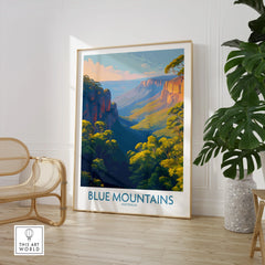 Framed Blue Mountains Australia travel poster in modern room with chair and green plant