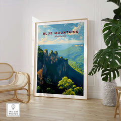 Blue Mountains Australia travel poster framed on the floor in a modern living room with a chair and plant