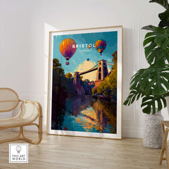 Bristol Travel Poster – Clifton Suspension Bridge and Hot Air Balloons Art featuring vibrant colors and whimsical hot air balloons.