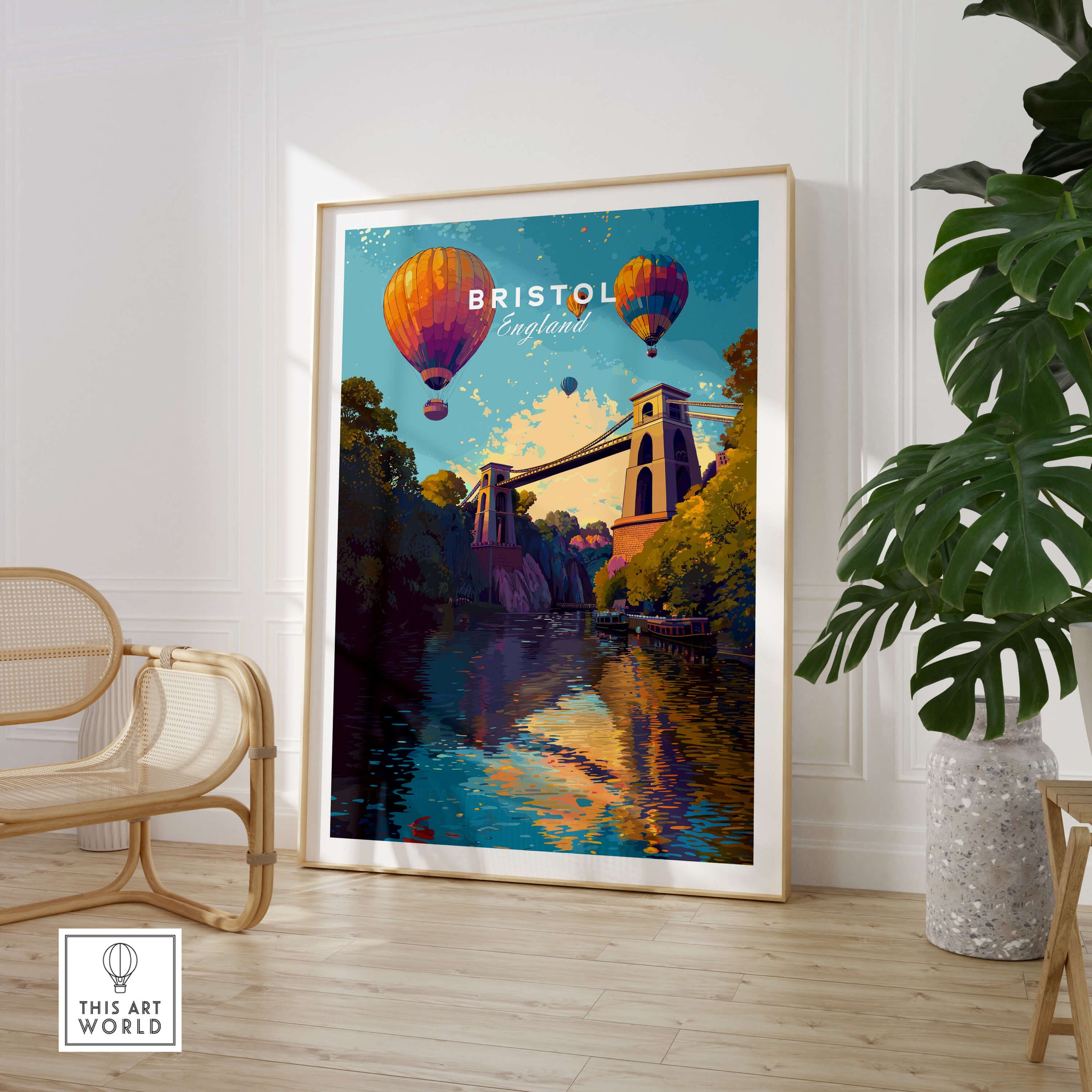 Bristol Travel Poster – Clifton Suspension Bridge and Hot Air Balloons Art featuring vibrant colors and whimsical hot air balloons.