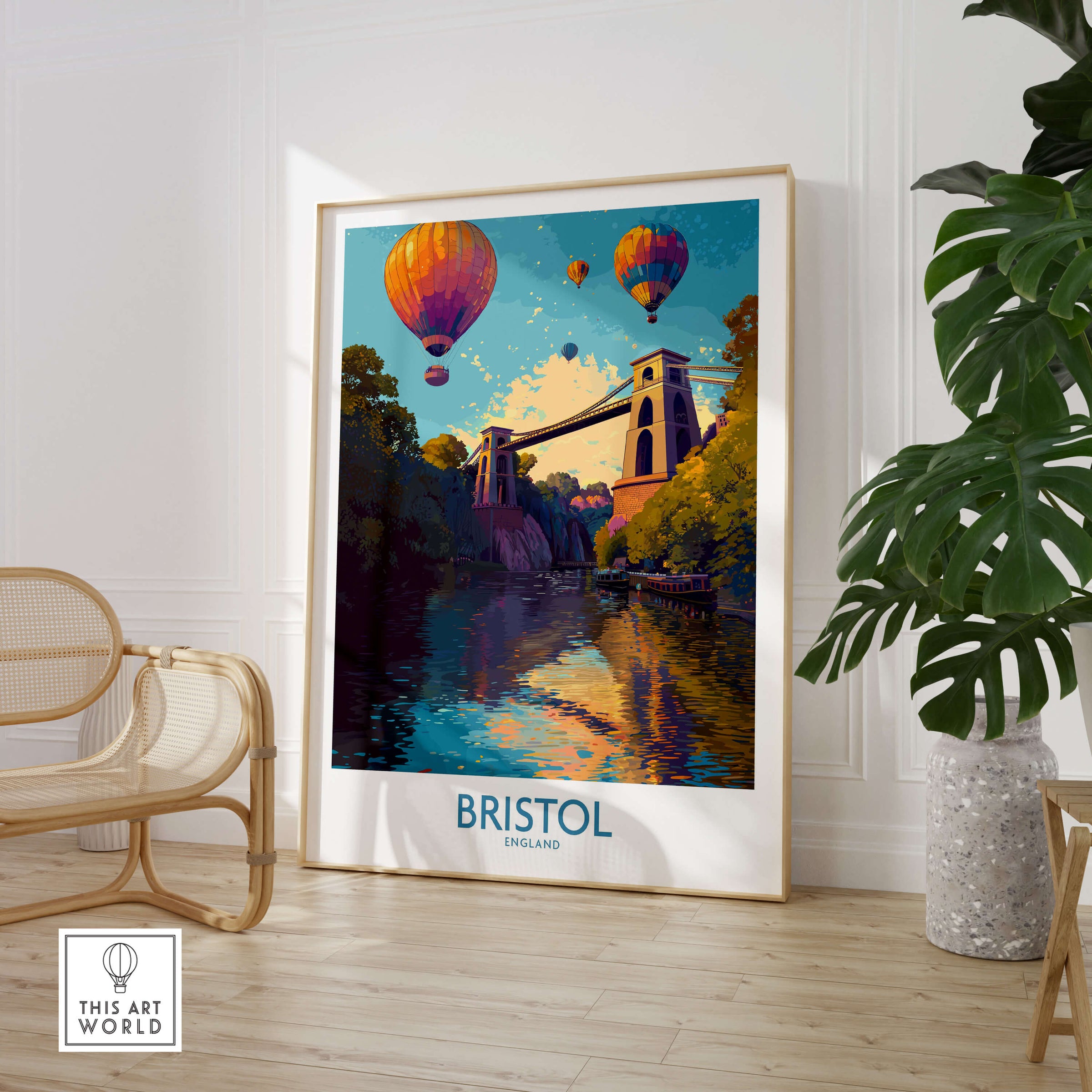 Bristol England Wall Art – River Avon Sunset and Balloon Festival Print featuring hot air balloons above the iconic bridge.