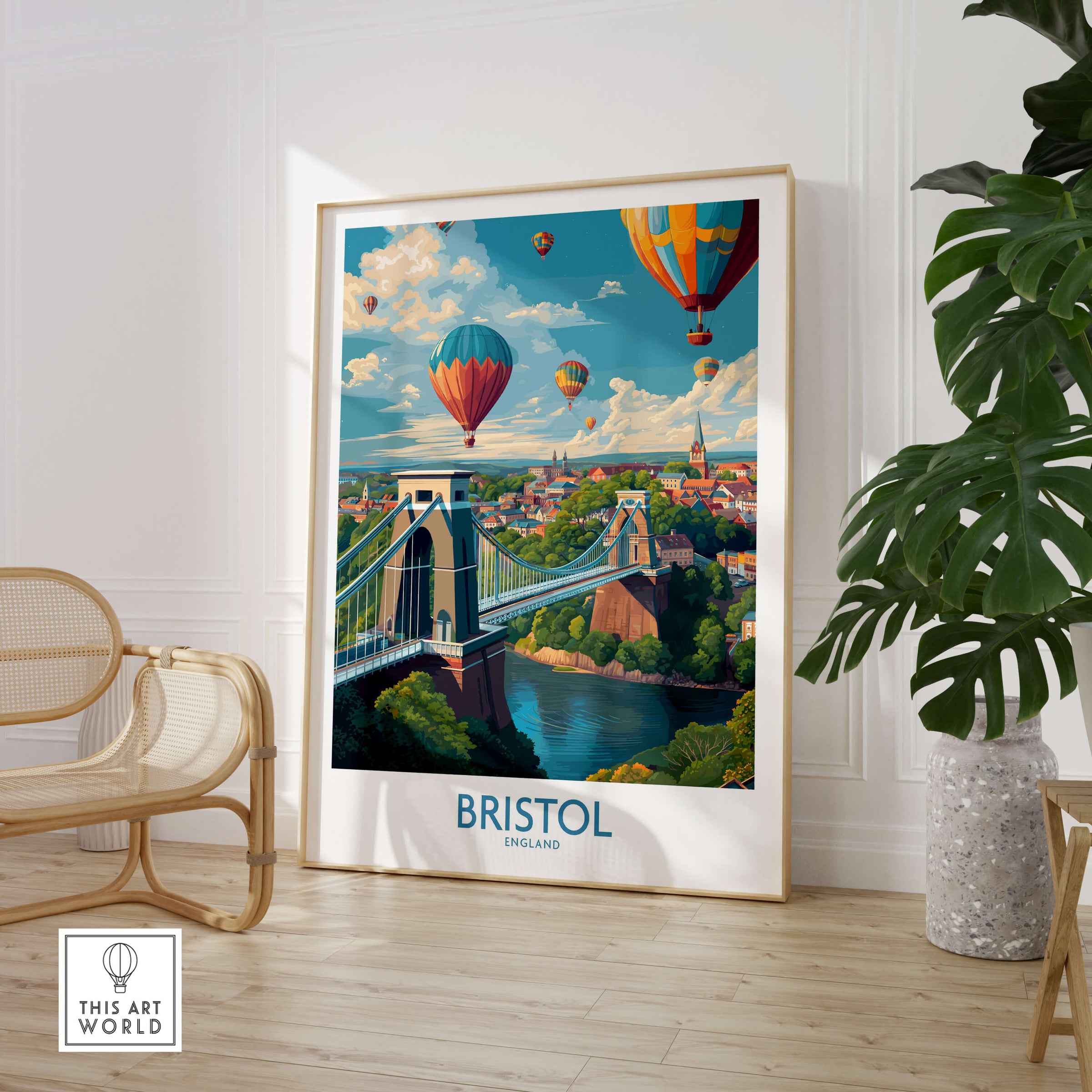 Bristol England Print – Hot Air Balloons Over Historic City Wall Art featuring vibrant colors and iconic skyline.