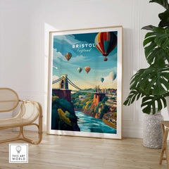 Bristol Art Print - Clifton Bridge Poster showcasing a vibrant illustration of Bristol's iconic landmark.