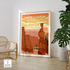 Framed Bryce Canyon National Park art print in modern room with rattan chair and green plant