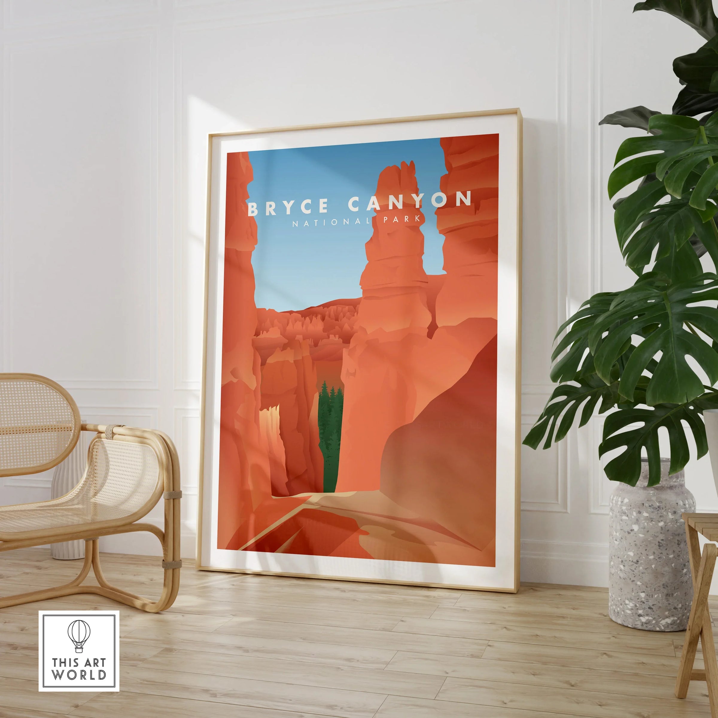 Bryce Canyon National Park travel poster framed in modern room with chair and plant
