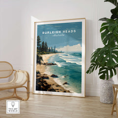 Burleigh Heads Australia Poster – Gold Coast Skyline & Iconic Surf Beach Wall Art showcasing vibrant coastal scenery.