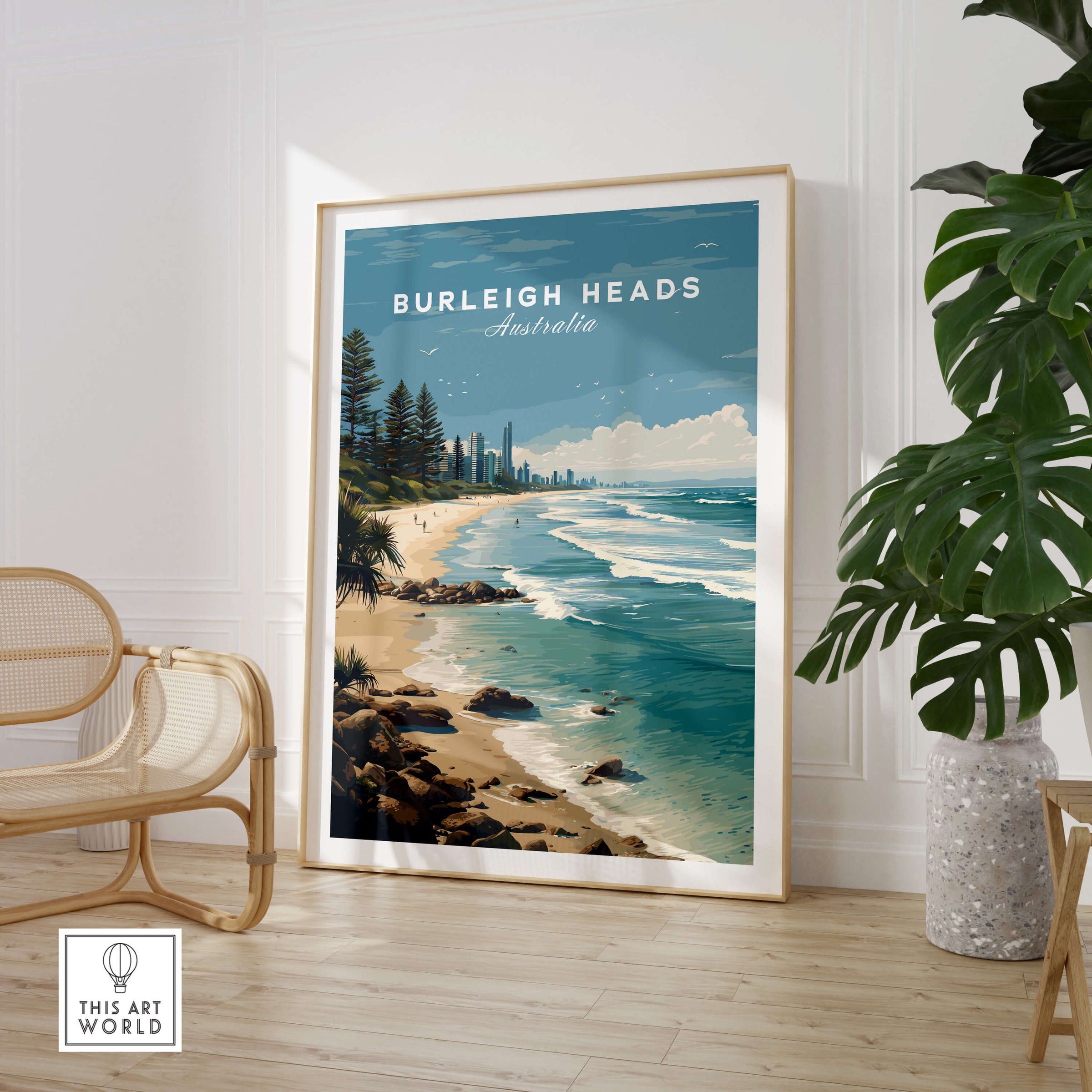 Burleigh Heads Australia Poster – Gold Coast Skyline & Iconic Surf Beach Wall Art showcasing vibrant coastal scenery.