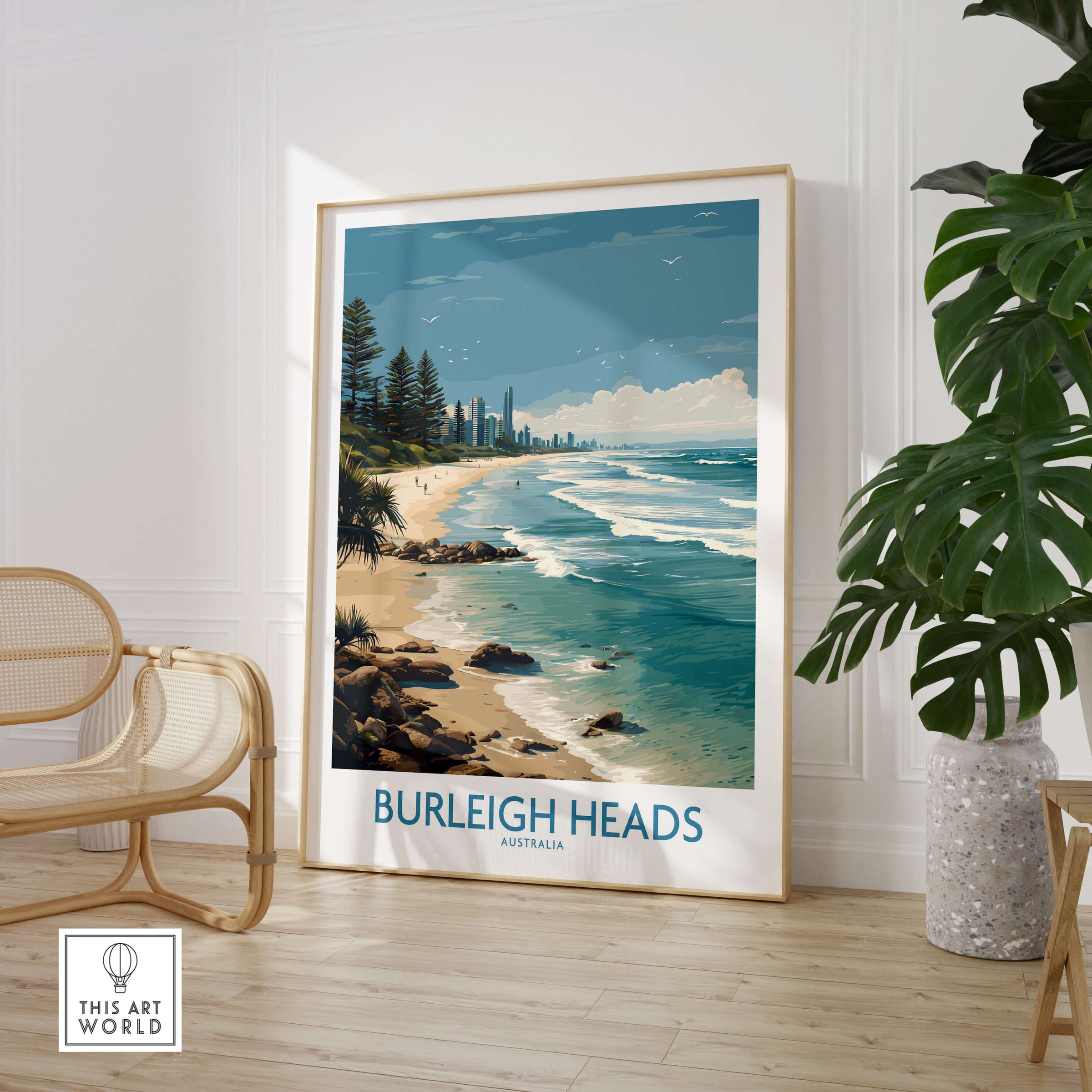 Burleigh Heads Travel Poster - Canvas Print showcasing beautiful coastal scenery and beaches in Australia.