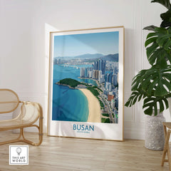 Busan South Korea travel poster in a modern room with chair and potted plant