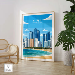 Busan South Korea travel poster framed art print in modern living room with chair and plant