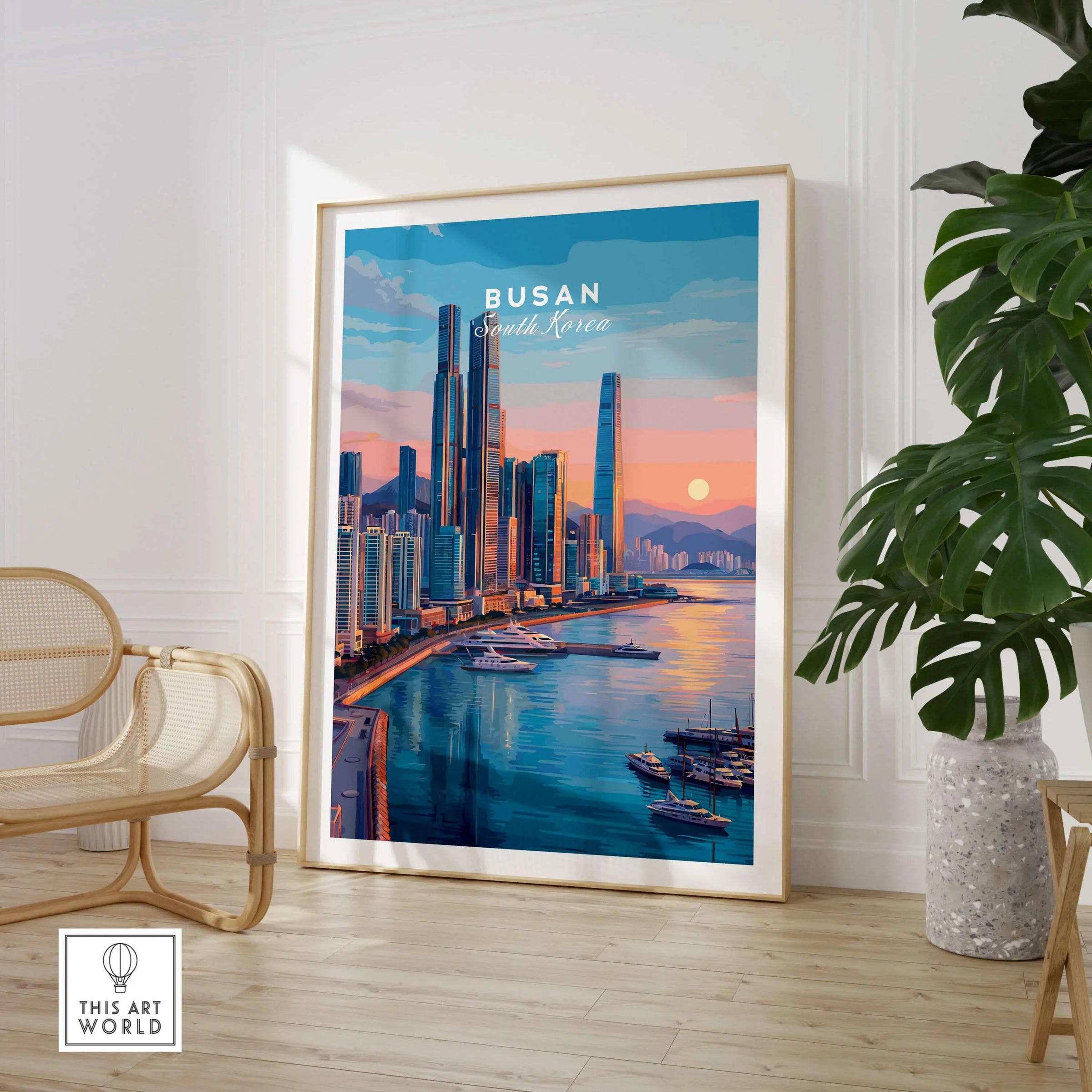Framed Busan South Korea city poster in modern room with chair and plant