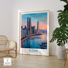 Busan city skyline wall art print in a modern room with chair and potted plant