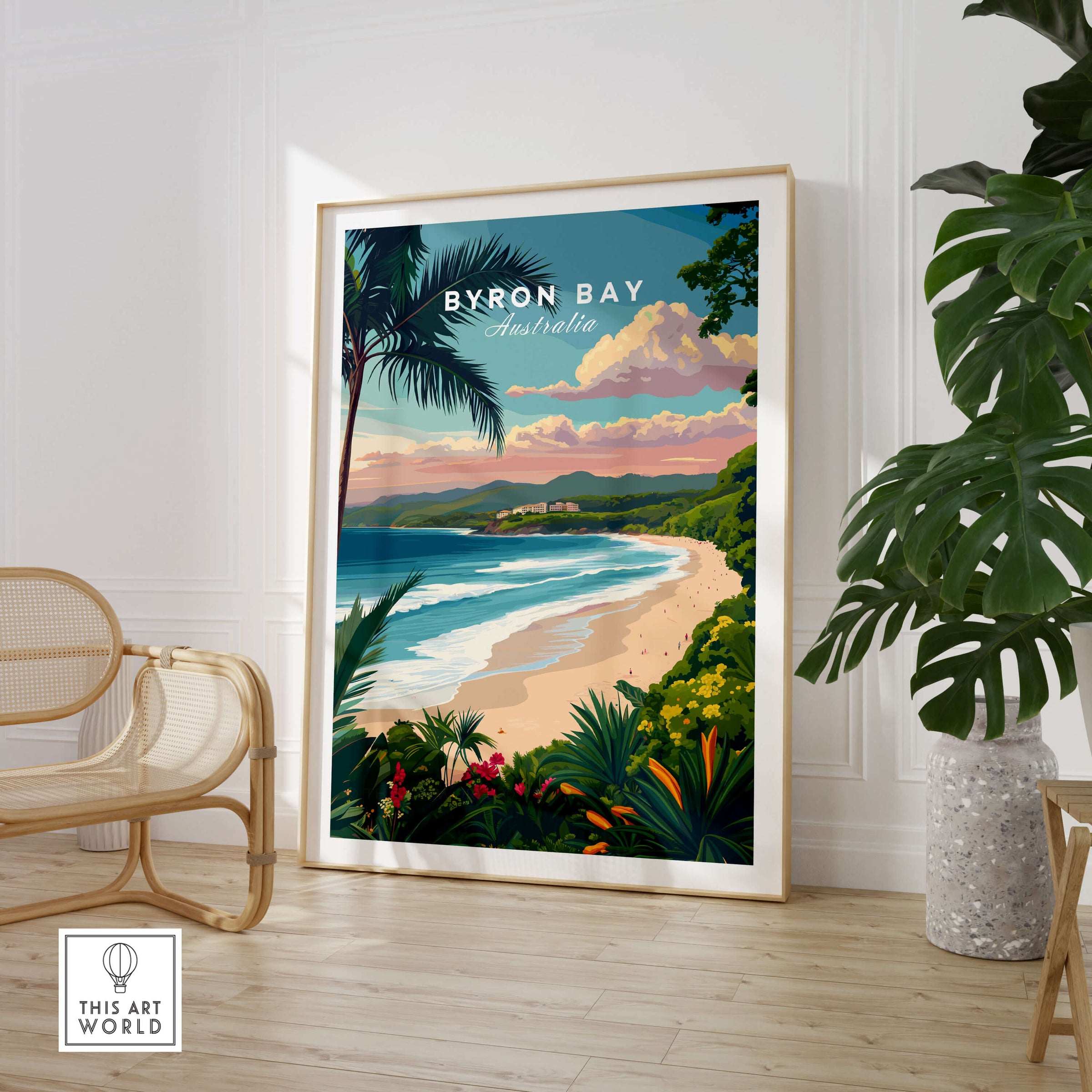 Byron Bay Australia Travel Poster featuring a scenic beach view and lush greenery, capturing the essence of coastal culture.
