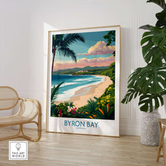 Byron Bay Poster - Australia Wall Art showcasing the serene beach and lush landscape of Byron Bay, Australia.