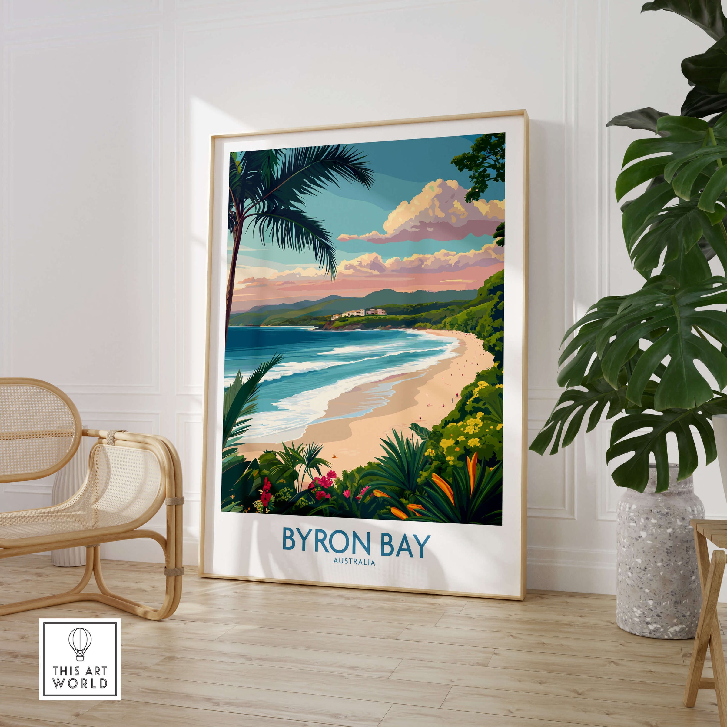 Byron Bay Poster - Australia Wall Art showcasing the serene beach and lush landscape of Byron Bay, Australia.