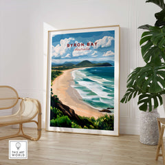 Byron Bay Beach Print - Australia Wall Art showcasing a serene coastal view with golden sands and vibrant waters.