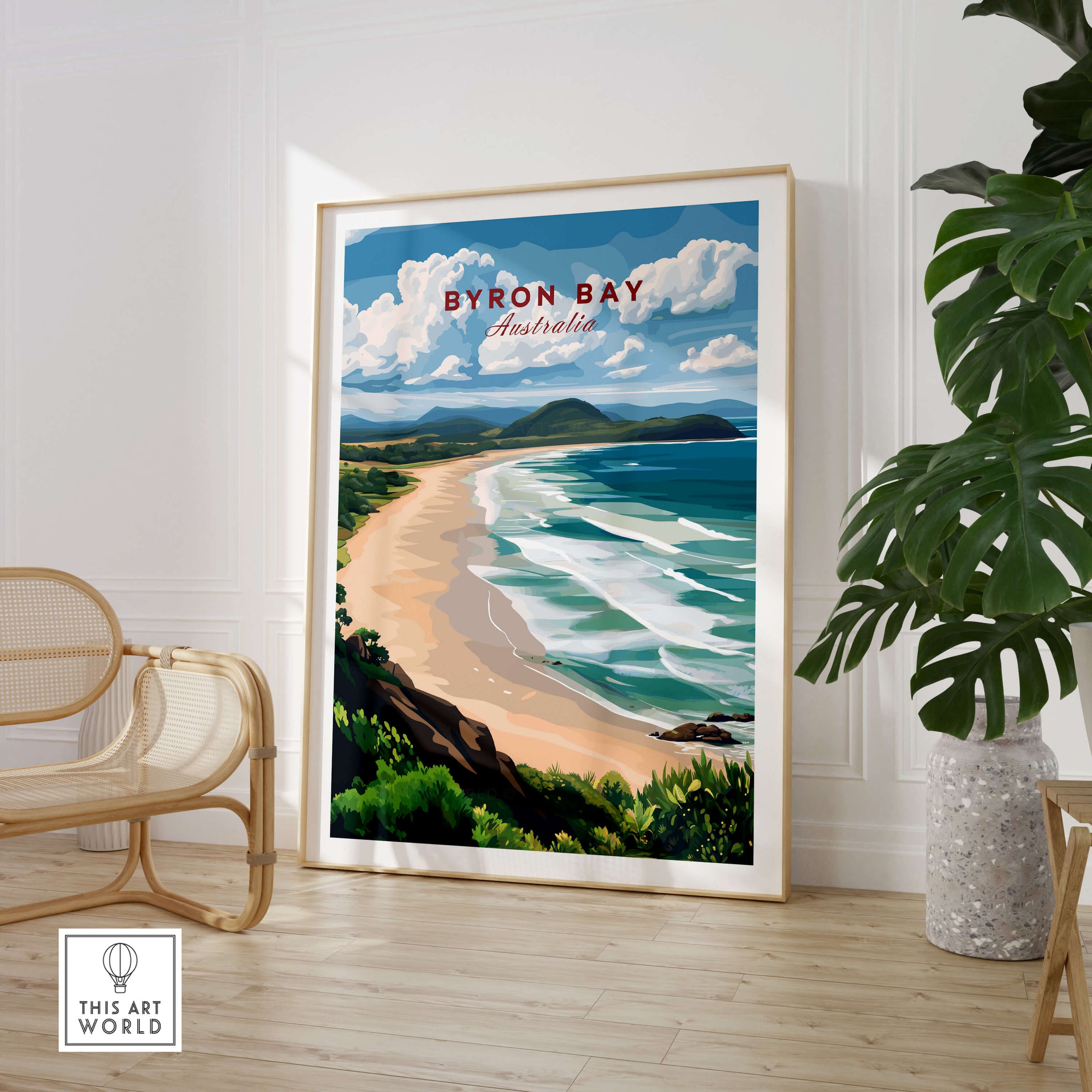 Byron Bay Beach Print - Australia Wall Art showcasing a serene coastal view with golden sands and vibrant waters.