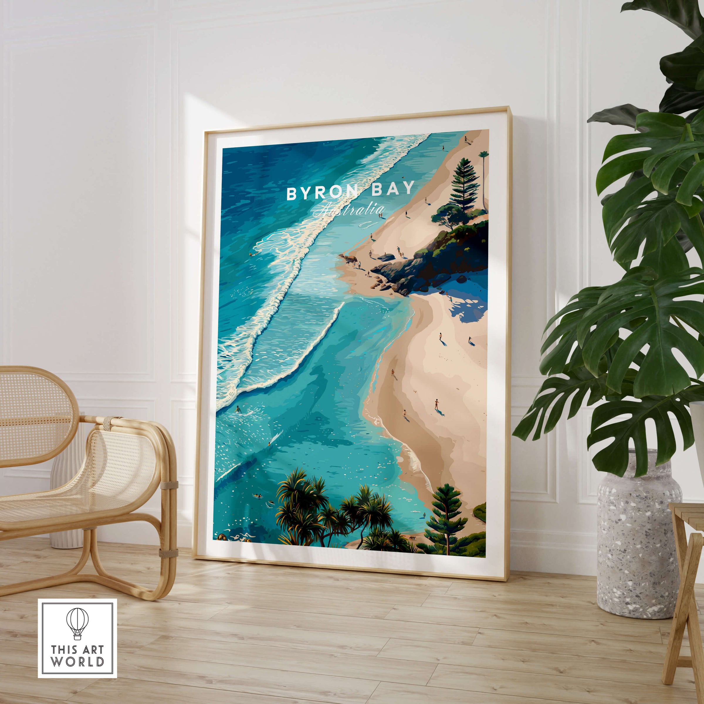 Byron Bay Art Print showcasing aerial view of turquoise waters and sandy beaches in stylish interior setting.