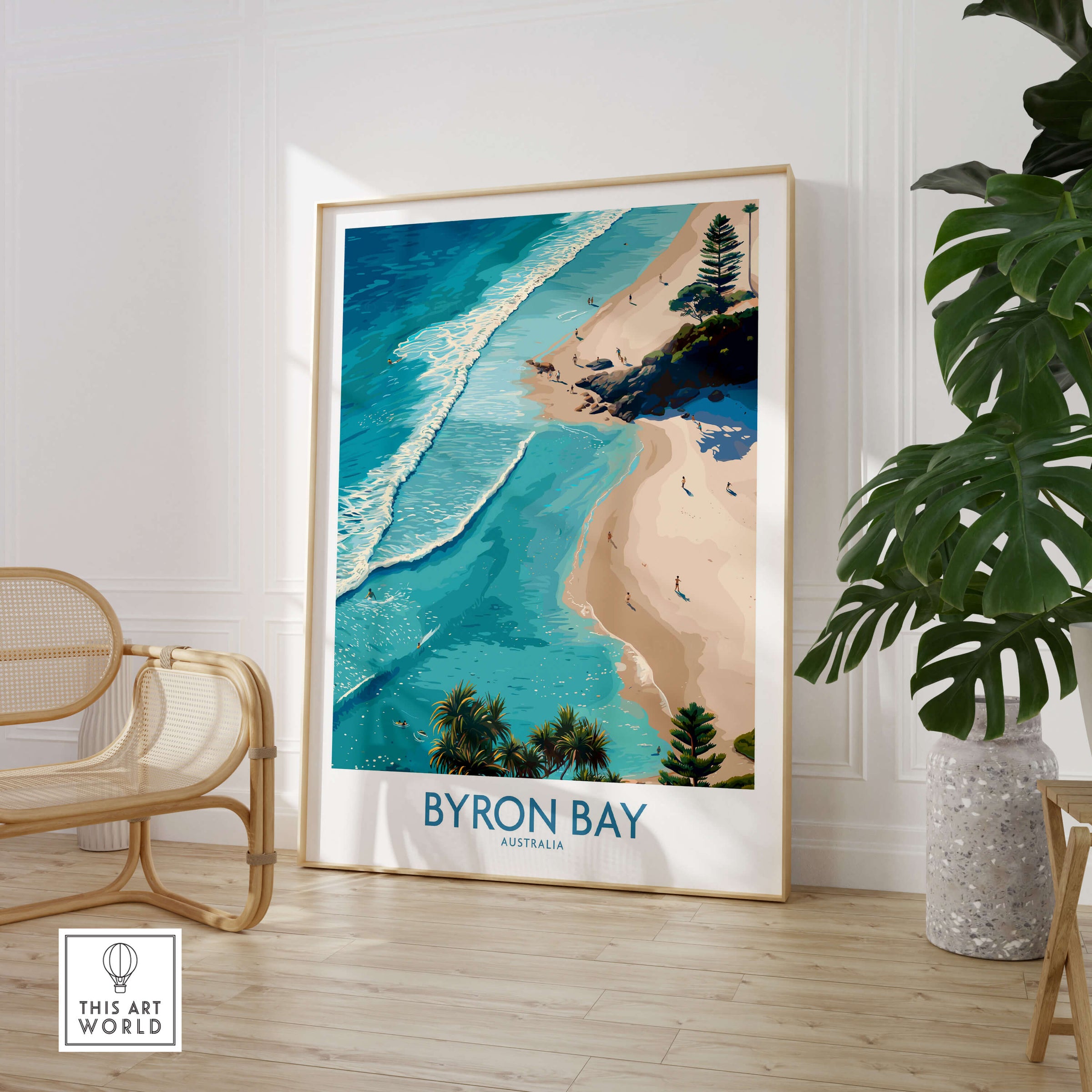 Byron Bay Beach Australia Canvas Art Print showcasing stunning coastal view and turquoise waters on wall.