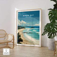 Byron Bay Poster - Canvas Beach Print displayed in a stylish interior setting with tropical plants.