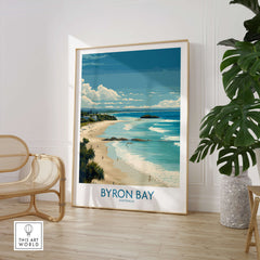 Byron Bay Wall Art Australia Travel Print showcasing a serene coastal view with sandy beaches and blue skies.