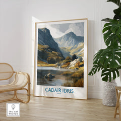 Cadair Idris Wales travel poster framed in a modern room with chair and plant