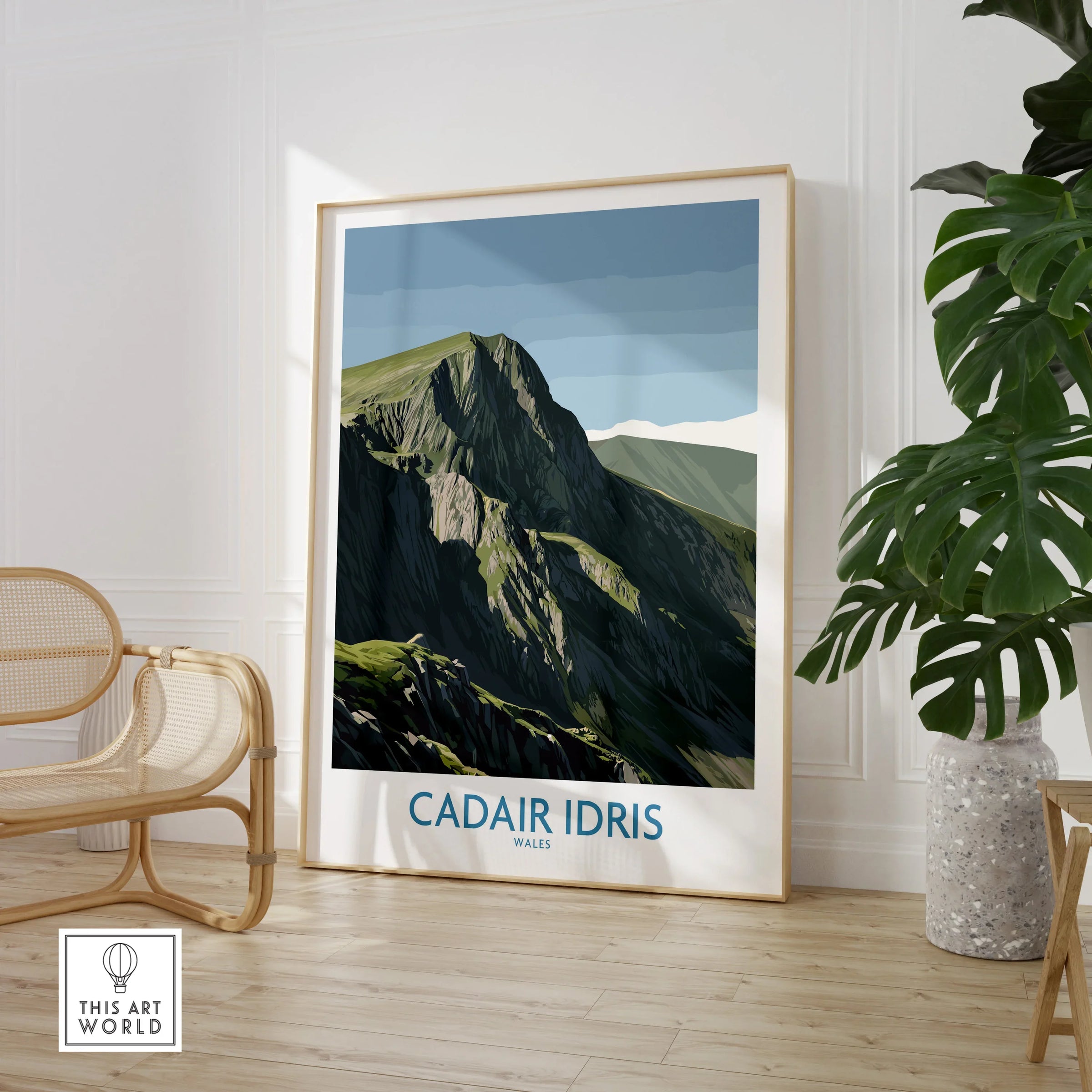 Cadair Idris Wales travel poster print in modern living room with chair and plant