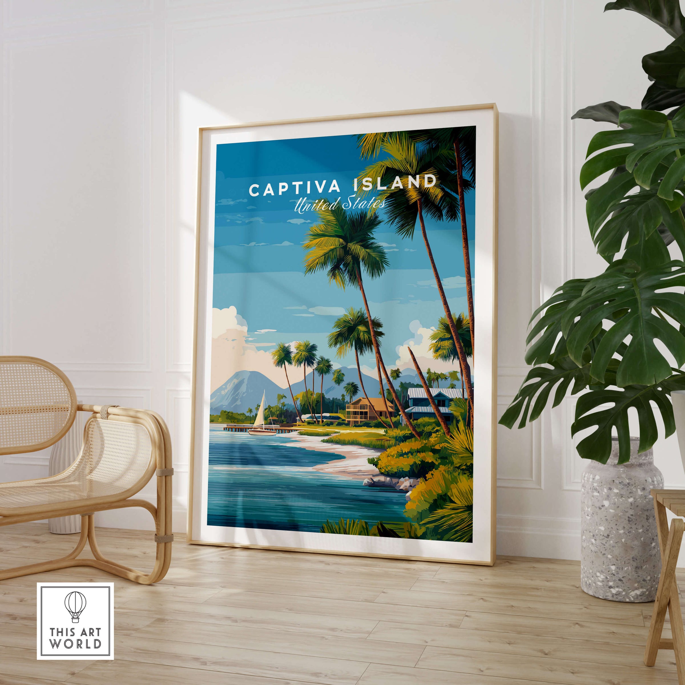 Captiva Island Travel Poster – Florida Beach Houses and Palm Trees Art displayed in a bright room with tropical decor.