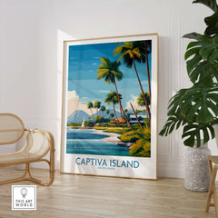 Captiva Island Florida Wall Art – Tropical Coastline and Sailboat Decor in a stylish living space with palm trees.