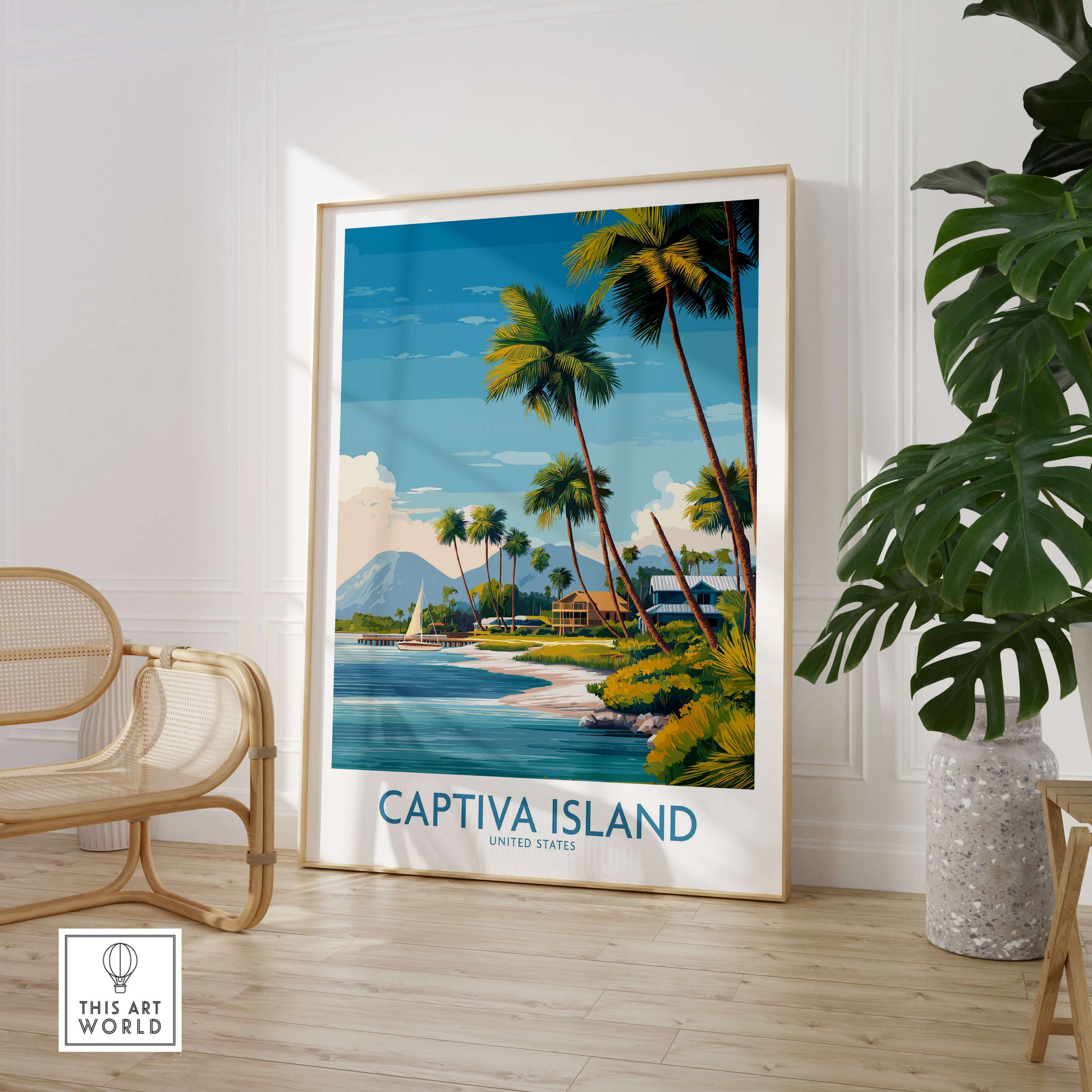 Captiva Island Florida Wall Art – Tropical Coastline and Sailboat Decor in a stylish living space with palm trees.