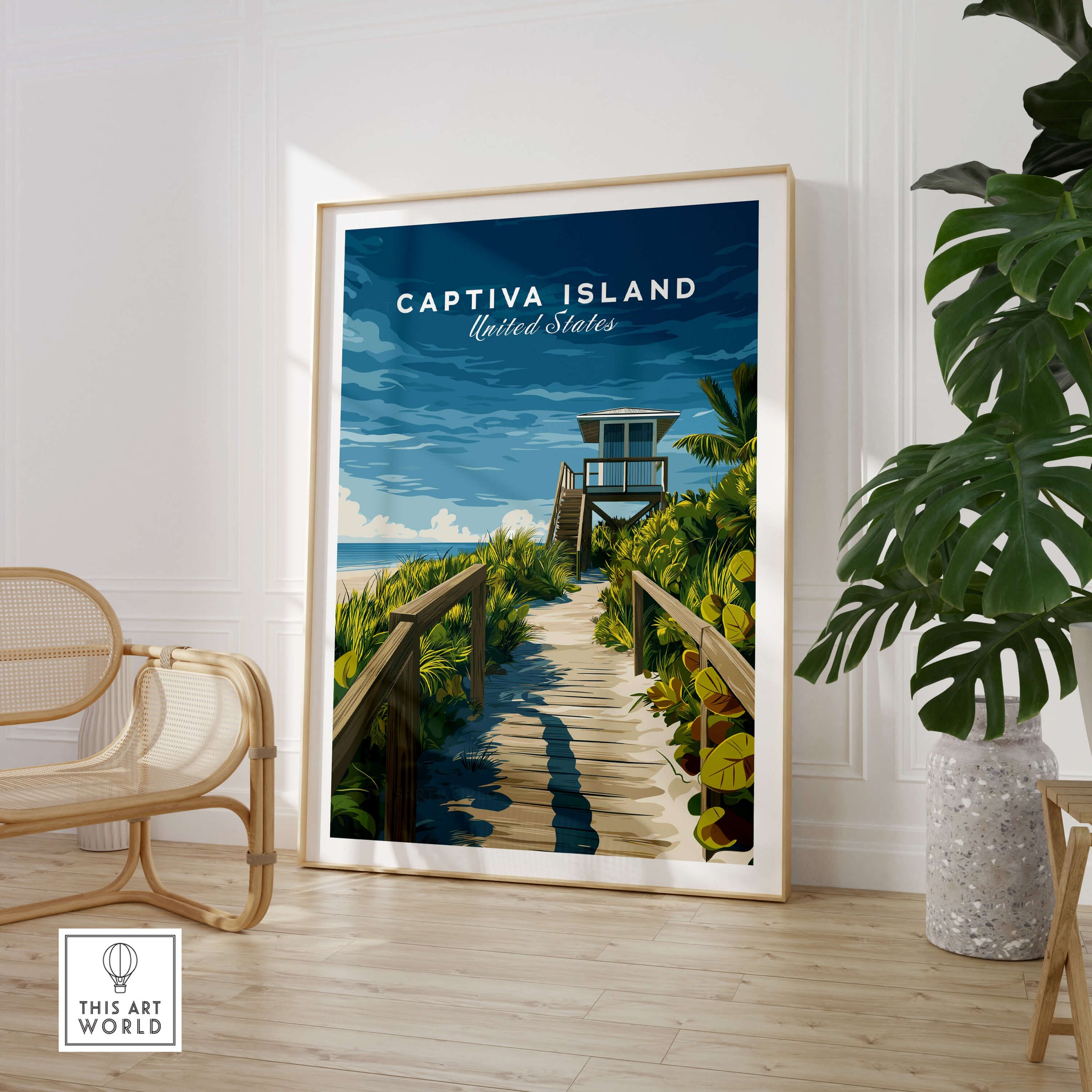 Captiva Island Poster – Florida Beach Print featuring a beach pathway and lifeguard tower in vibrant colors.