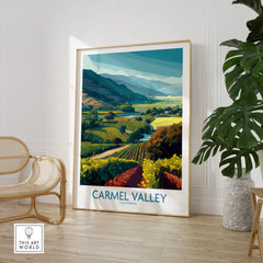 Carmel Valley California travel poster framed print in modern room with chair and plant