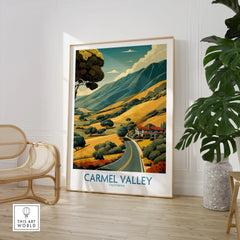 Carmel Valley California travel poster in modern room with chair and potted plant