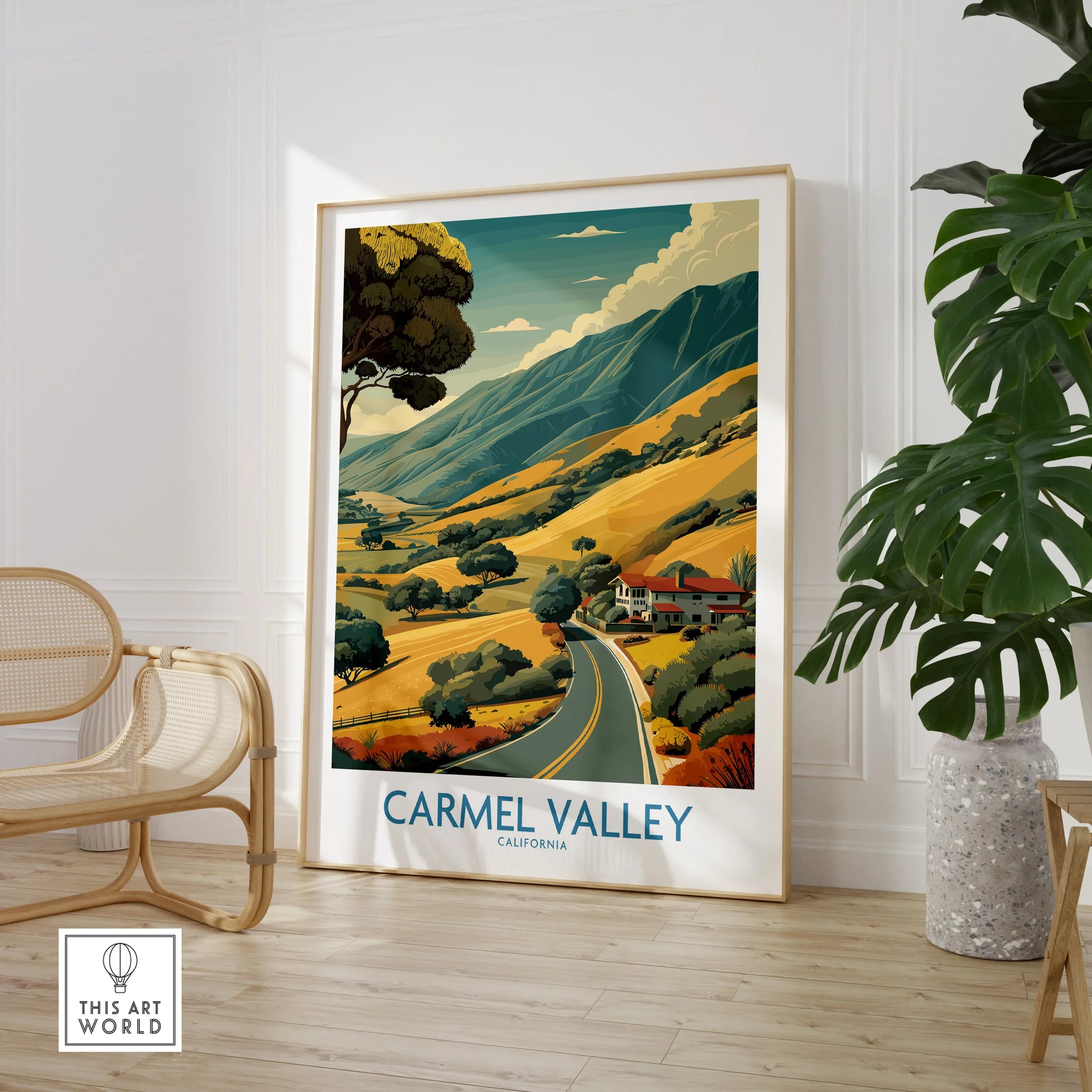 Carmel Valley California travel poster in modern room with chair and potted plant