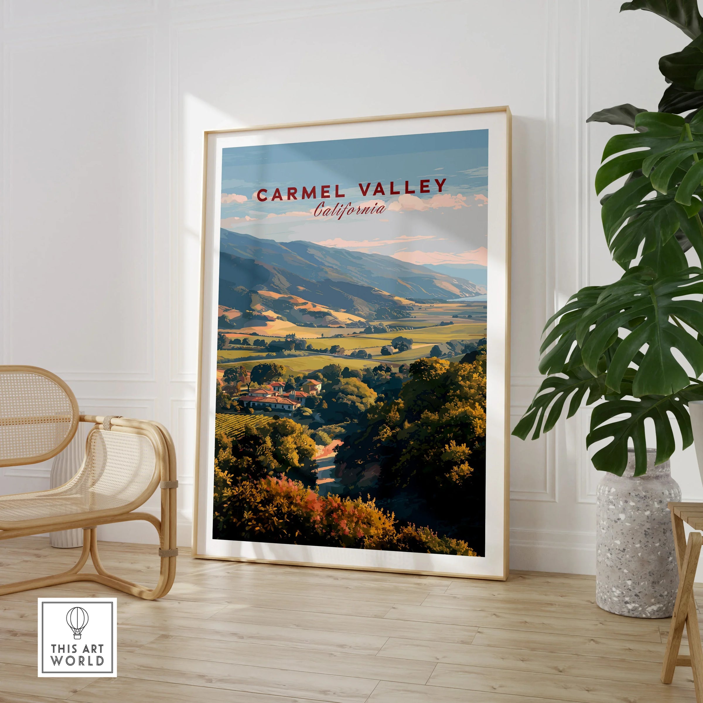 Carmel Valley California landscape art print in stylish room with chair and houseplant