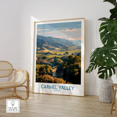 Carmel Valley California travel poster framed print in modern room with chair and plant