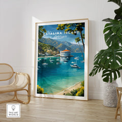 Framed Catalina Island travel poster print in modern room with chair and plant